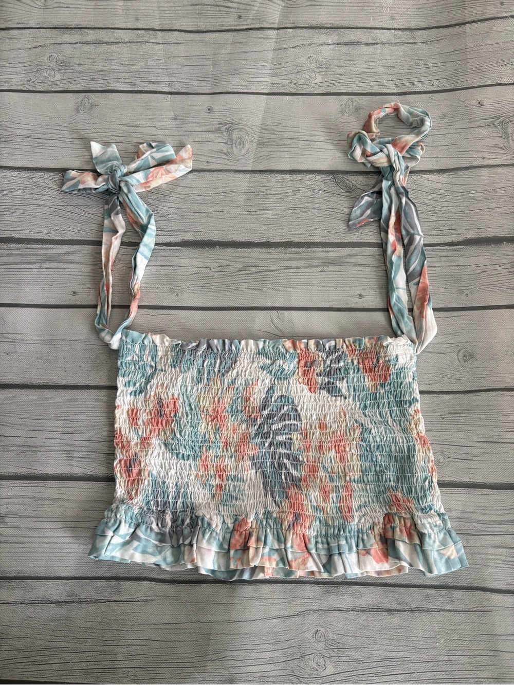 Ocean Drive Pastel Blue and Coral Smocked Tie-Shoulder Crop Top